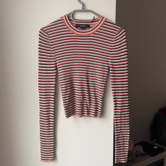 💙BOGO💙 Forever 21 Orange Black and White Striped Ribbed Top Medium - Picture 1 of 4